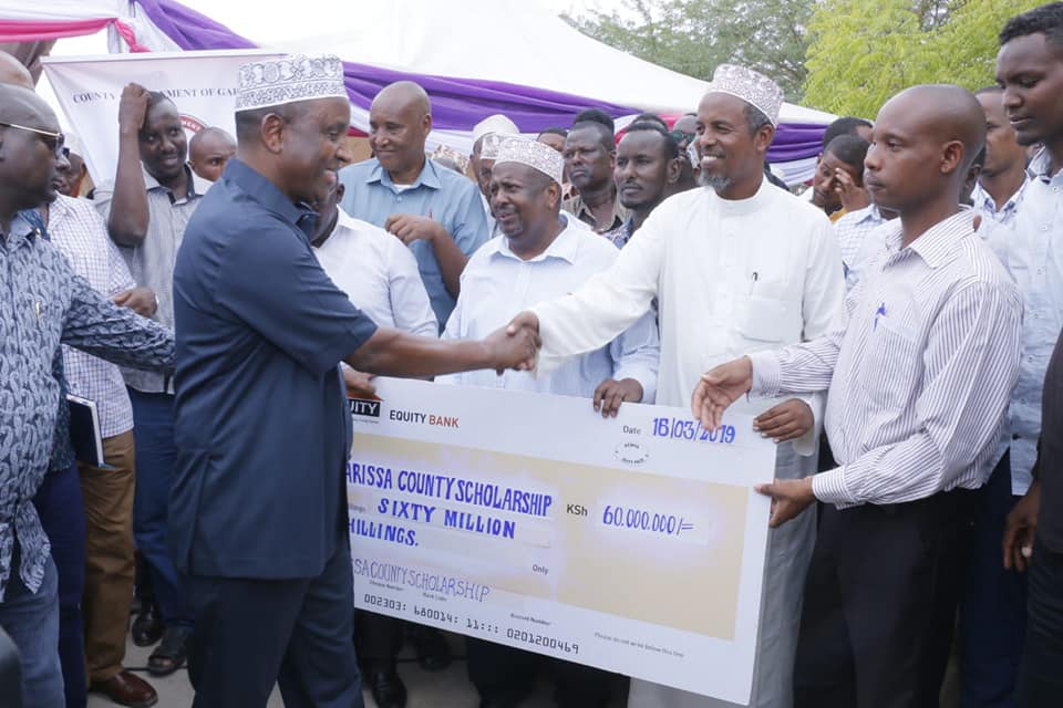 Governor Ali Bunow Korane launching Garissa County Scholarship Fund at Garissa Library, supporting 2,243 students.